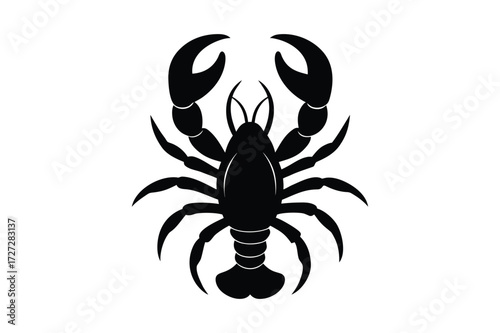 Black Silhouette of a Lobster with Claws Raised on White Background crustacean seafood