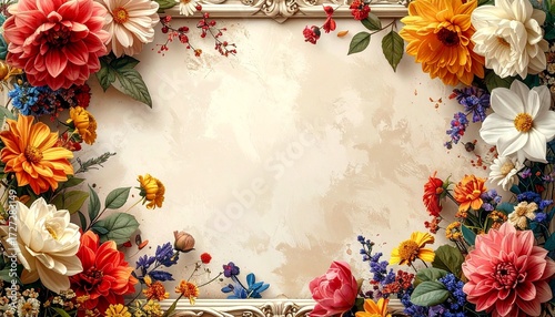 Marco decorativo para foto, con diseño artístico y detallado. Cada esquina representa una estación del año con flores características: El marco elegante, con fondo neutro y centro vacío