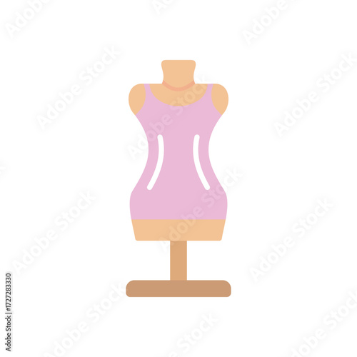 A light purple mannequin stands on a light brown stand The mannequin has a tank top
