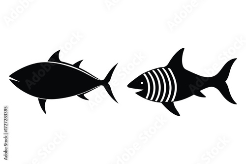 Black Silhouette Tuna and Striped Fish Icons on White Background seafood