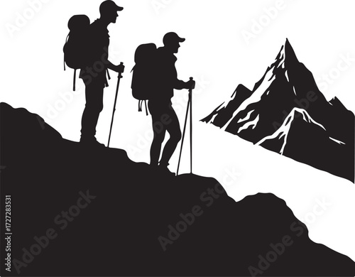 Two hikers with backpacks and poles on a mountain slope