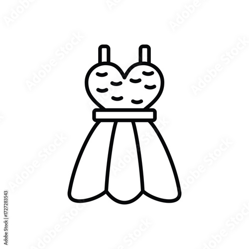 A line drawing of a dress with a heartshaped bodice and a short flared skirt