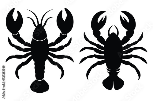 Two Black Lobster Silhouettes Facing Each Other on White Background Keywords: lobster, crayfish