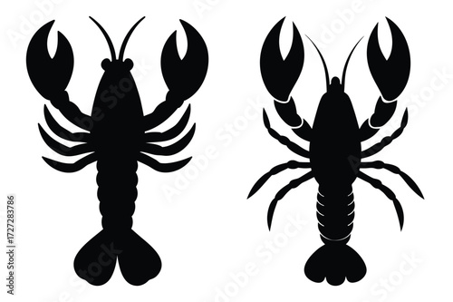 Two Black Lobster Silhouettes Facing Each Other on White Background lobster, crayfish