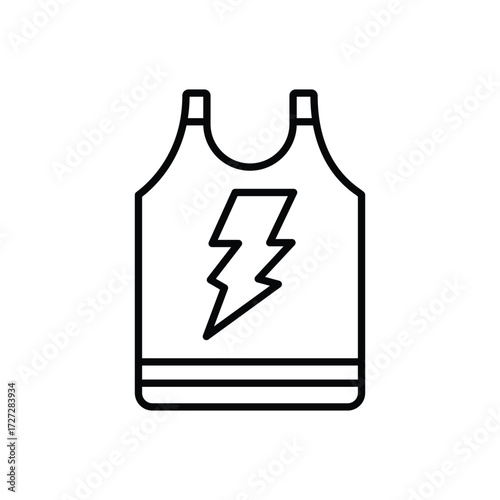 A minimalist line drawing depicts a sleeveless tank top with a lightning bolt design and striped hem
