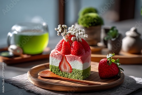 Wallpaper Mural Savoring fresh strawberry cheesecake and green tea in a serene setting, with natural light highlighting the refreshing treat experience. Torontodigital.ca
