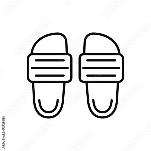 A pair of slide sandals shown in a simple outlined blackandwhite illustration