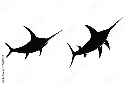 Two Black Marlin Silhouettes Facing Opposite Directions on White Background swordfish
