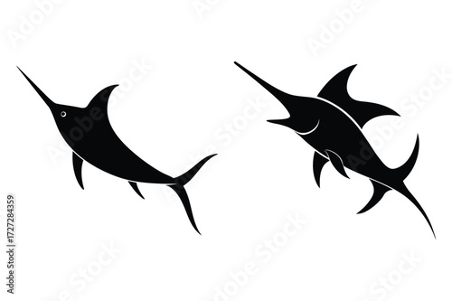Two Black Marlin Silhouettes with Long Beaks on White Background swordfish