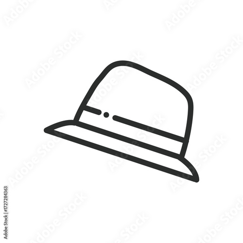 A simple black outline of a hat featuring a short brim and a dark band around the base