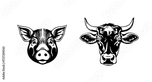 Farm animal illustrations featuring pig and cow heads in a simple and clean design for various uses