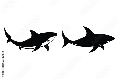 Two black shark silhouettes facing each other on white background animal marine