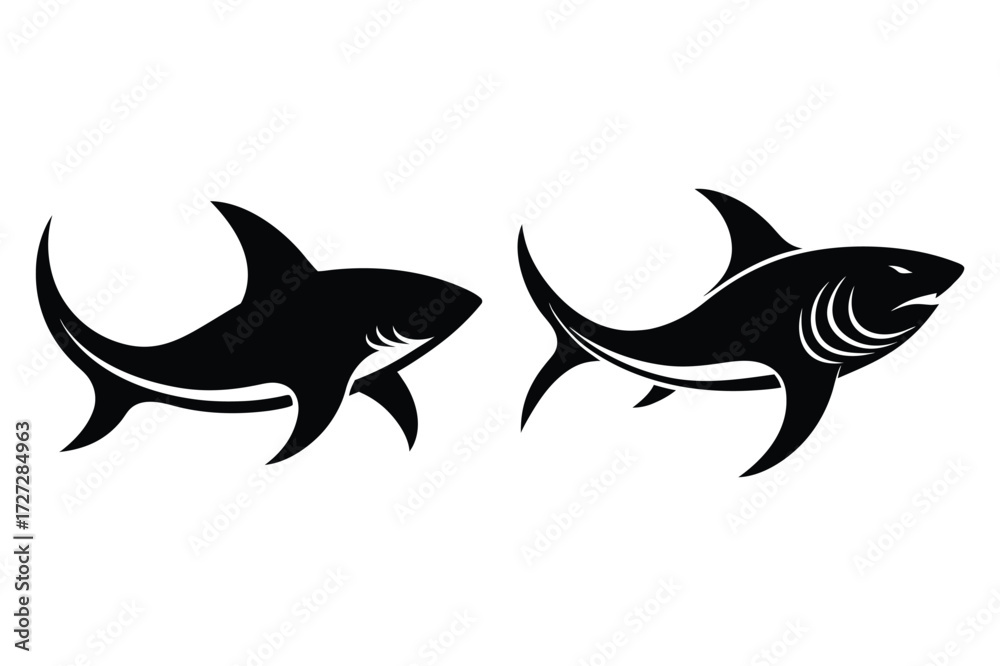 Fototapeta premium Two Black Shark Silhouettes Facing Left and Right on White shark, silhouette, animal