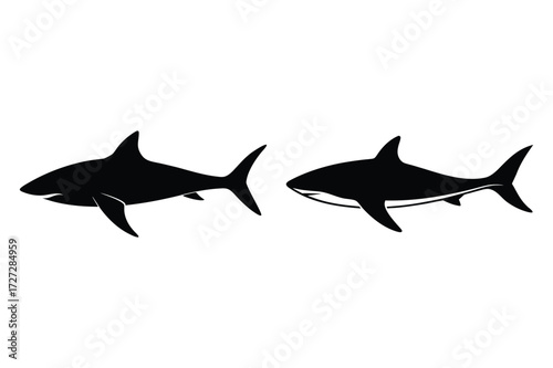 Two black shark silhouettes facing opposite directions on white background animal