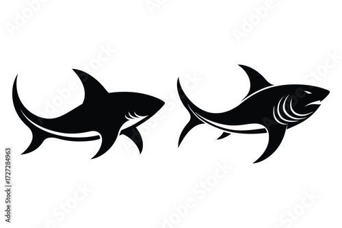Two Black Shark Silhouettes Facing Left and Right on White shark, silhouette, animal