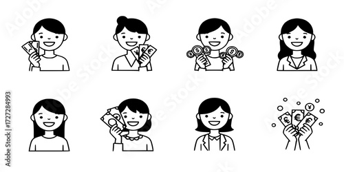 Four vector icons of a woman happy holding money

