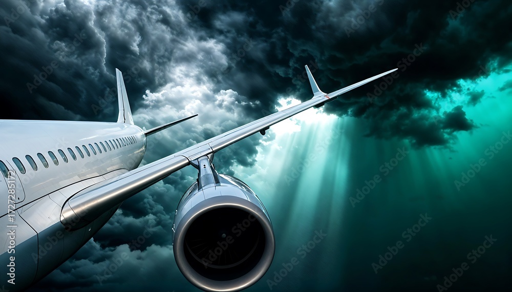 Fototapeta premium Airplane Flying Through Dark Cloudy Storm with Sunlight Rays