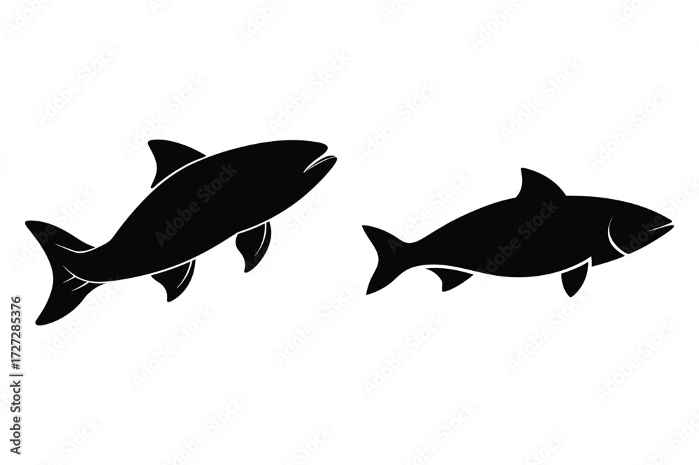 Fototapeta premium Two Black Shark Silhouettes Facing Opposite Directions On White Background animal