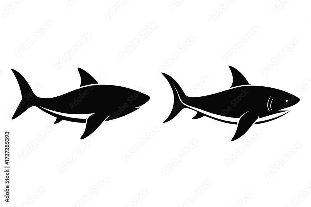 Fototapeta premium Two Black Shark Silhouettes Facing Opposite Directions On White Background animal