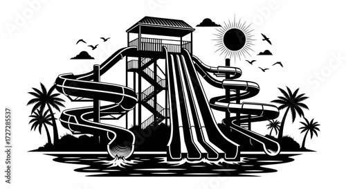 Black and white illustration of a water park featuring slides, a tower, palm trees, water, and a sun with birds.