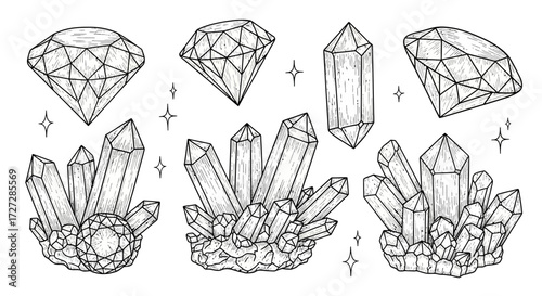 Line art illustration featuring diamonds and crystal clusters in various arrangements, rendered in a detailed, sketch-like style with small star accents.