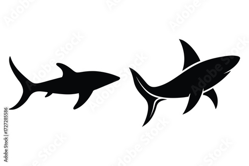Two Black Shark Silhouettes One Larger Than Other on White Background sharks