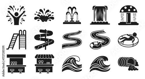 A collection of black and white vector icons representing various water park attractions and features, including slides, fountains, waves, and food stands.