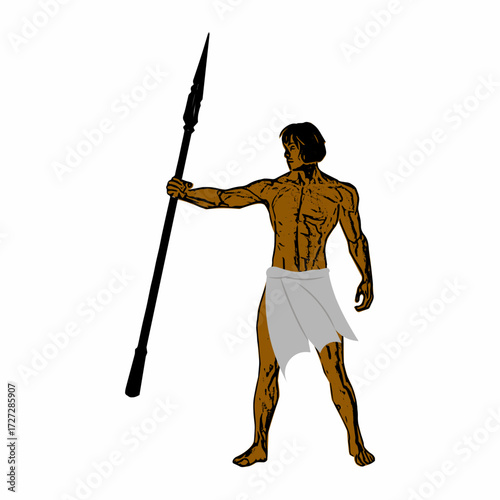 Illustration of ancient tribal man holding spear in traditional clothing.