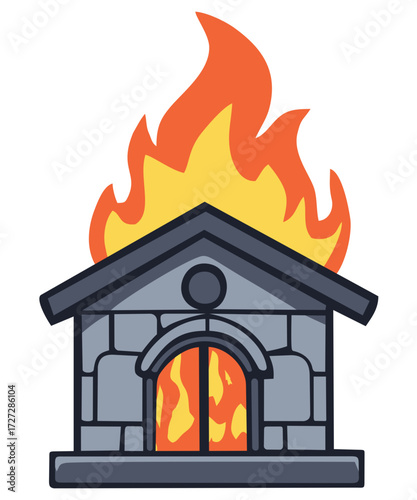 Stone house on fire illustration. Editable color vector