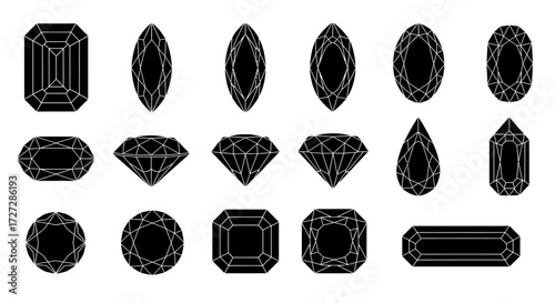 A collection of various diamond and gemstone cuts, including emerald, marquise, oval, round, pear, and rectangular shapes, displayed in a flat, graphic style.