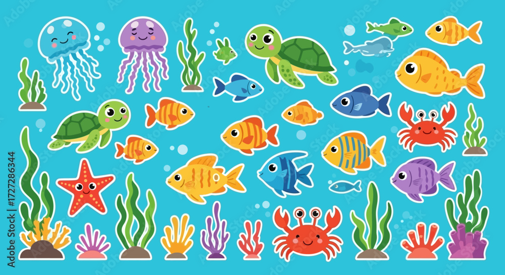 Obraz premium Cheerful cartoon illustration of various sea creatures including fish, jellyfish, turtles, crabs, starfish, and seaweed against a light blue background.