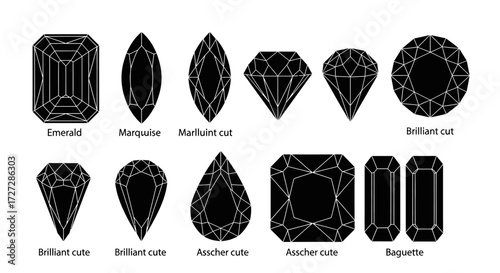 A collection of eleven different diamond and gemstone cuts, including emerald, marquise, brilliant, asscher, and baguette, displayed as black silhouettes aga...