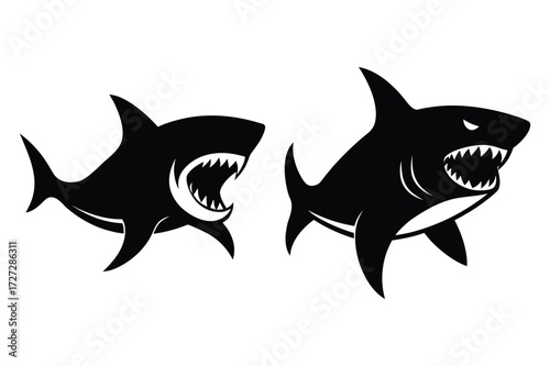 Two Black Shark Silhouettes with Open Jaws on White shark, silhouette, animal, marine