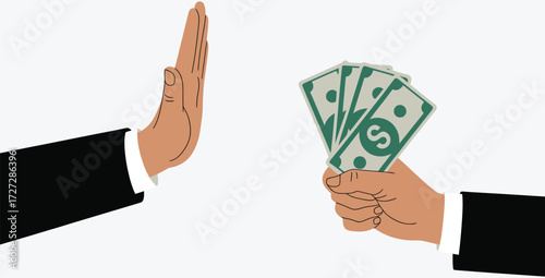 Refusing bribery and corruption offer with a gesture of denial hand