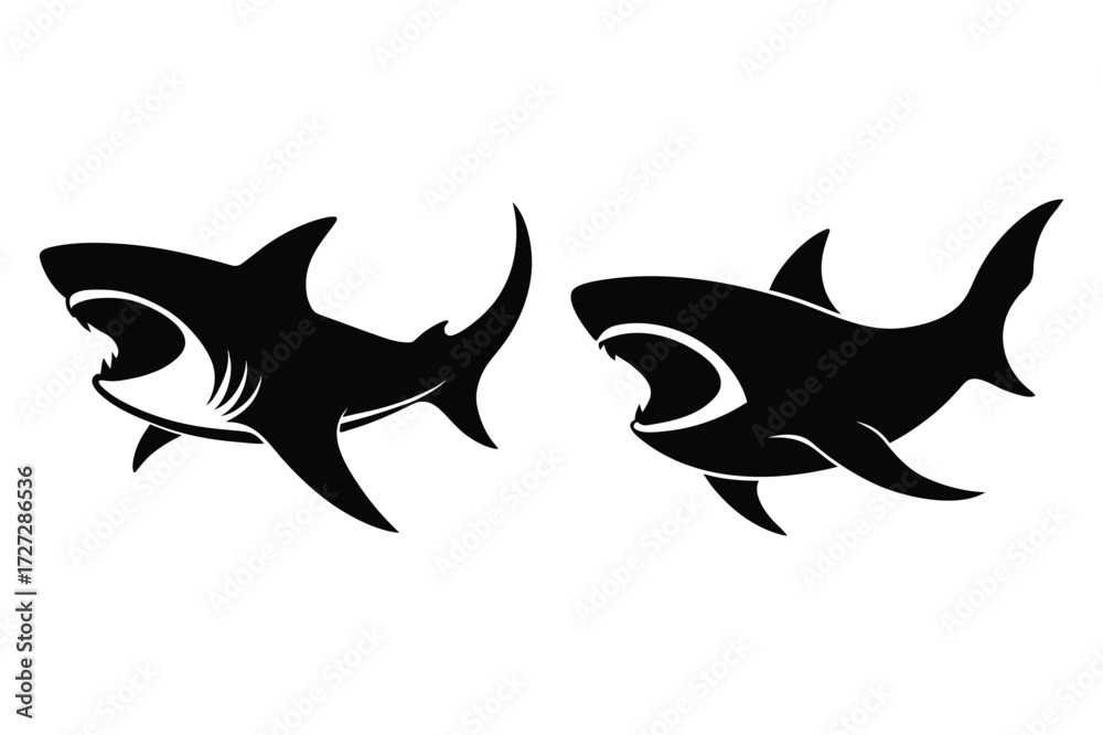 Fototapeta premium Two Black Sharks With Open Mouths And Sharp Teeth On White Background illustration