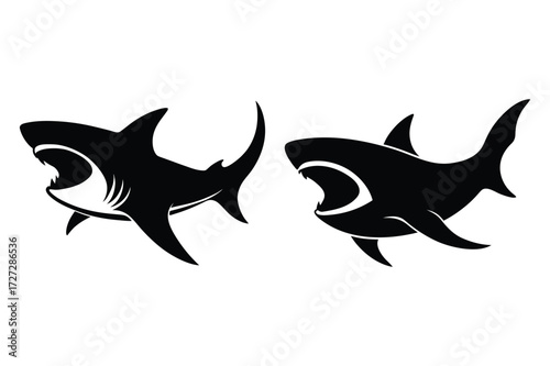 Two Black Sharks With Open Mouths And Sharp Teeth On White Background illustration
