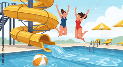 Two women in swimsuits joyfully jump near a water slide and swimming pool on a sunny day at a water park.