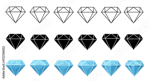 A set of diamonds in three styles: outline, silhouette, and blue faceted, arranged in three rows.