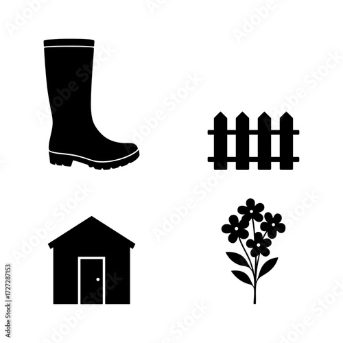 Black Gardening Icon Set – Rubber Boot, Picket Fence, Garden Shed, Flowering Plant – Minimalist Vector Silhouettes