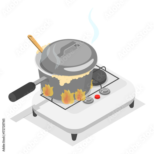 3D Isometric Flat Vector Set of Field Kitchen Elements, Cooking Food On Camp Stoves. Item 1