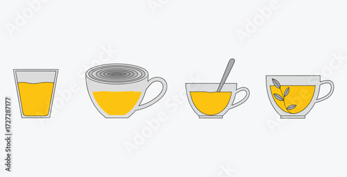 Selection of herbal tea illustrations in different cups on white background