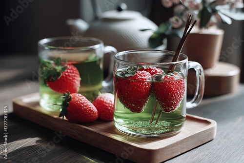 Wallpaper Mural Savoring green tea with strawberries in a cozy home setting, captured in a relaxed atmosphere with natural light for a tranquil food photography shot. Torontodigital.ca