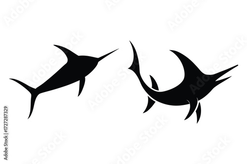Two Black Silhouette Marlin Fish Swimming on White Background marine life animal