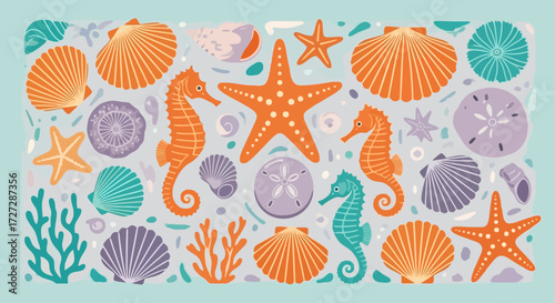 An illustration featuring a variety of sea creatures and shells, including starfish, seahorses, scallops, and sand dollars, arranged on a light blue background.