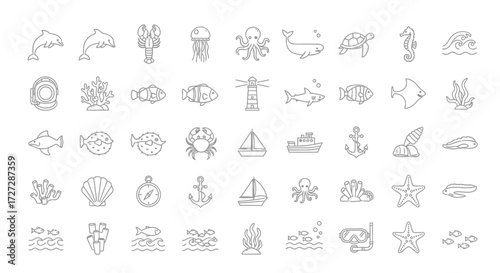 A collection of outlined sea life icons including dolphins, lobster, jellyfish, octopus, whale, turtle, seahorse, fish, coral, crab, boat, anchor, and starfish.