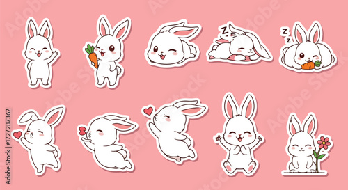 Adobe illustrator artwork vector illustration of a charming white bunny rabbit character in various cute poses and expressions, ideal for Easter, spring themes, and adorable sticker designs