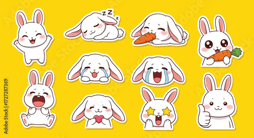 Adobe illustrator artwork vector illustration of a charming white bunny rabbit character in various cute poses and expressions, ideal for Easter, spring themes, and adorable sticker designs