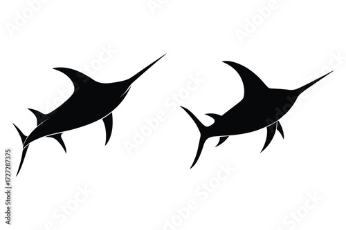 Two Black Silhouette Marlin Fish Side by Side on White Background marine life animal