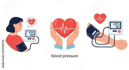 Three illustrations depicting blood pressure measurement: a woman checking her pressure, hands holding a heart with a heartbeat line, and a device measuring a patient's arm.