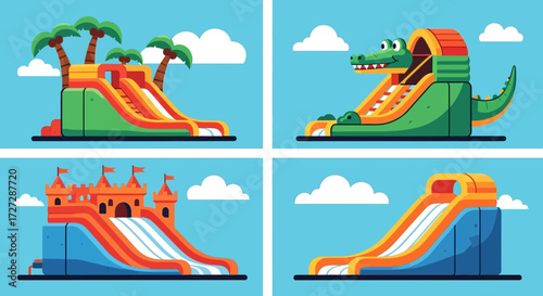 Four colorful inflatable bouncy slides are displayed against a blue sky with white clouds, including a palm tree slide, an alligator slide, a castle slide, and a generic slide.